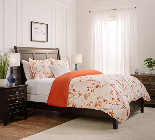 Rust Orange Floral Duvet Comforter Cover Bedding Set Queen Size - Floral Print 3-Piece Set Lightweight Elegant Aesthetic Microfiber Bedcover - Soft Machine Wash Breathable Stain Resistant