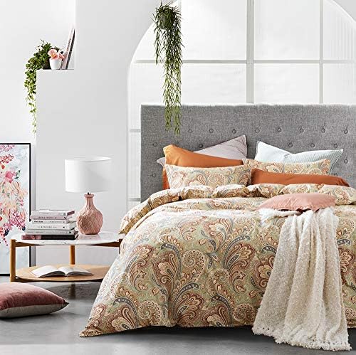  Eikei Boho Paisley Print Luxury Duvet Quilt Cover And Shams 3pc Bedding Set Bohemian Damask Medallion 350TC Egyptian Cotton Sateen (Rust, King)