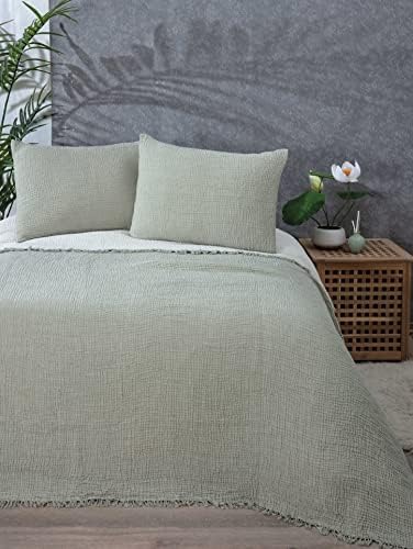  100% Cotton Muslin Throw Blanket, 4 Layers Bedspread, Soft Turkish Cotton Muslin Bed Cover, Reversible Coverlet, Green (Two Pillowcase 20x30)