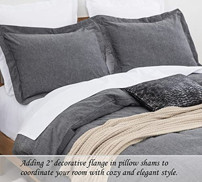  Duvet Cover Set (Cal. King 104"X96" Cover + 2 Pillowcases), Charcoal Washed Cotton Bedding, Zipper Closure