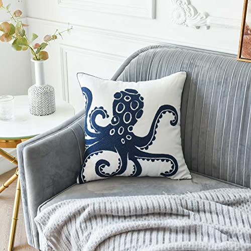 DECOPOW Embroidered Nautical Decor Pillow Cover,Square 18 Inches Decorative Canvas Pillow Cover For Nautical Style Deco By (Navy-Octopus)