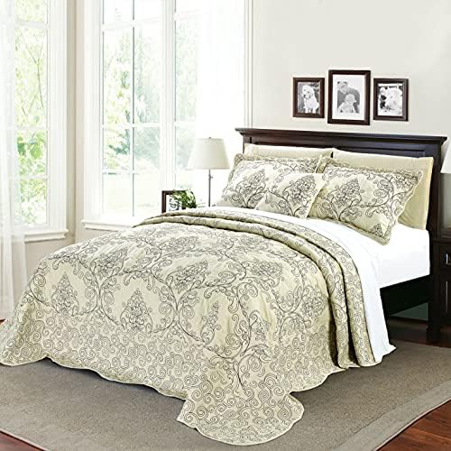  Home Soft Things Damask 4 Piece Bedspread Set,Scalloped Edge Reversible Quilt Coverlet Comforter Prewashed Bedding Set, Matelasse Embossed Floral Solid Pattern,Lavender Fog Oversize King(120" X 120")
