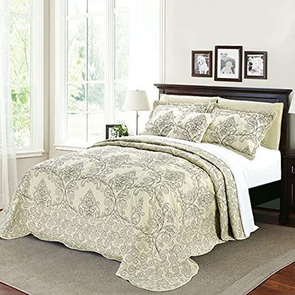  Home Soft Things Damask 4 Piece Bedspread Set,Scalloped Edge Reversible Quilt Coverlet Comforter Prewashed Bedding Set, Matelasse Embossed Floral Solid Pattern,Lavender Fog Oversize King(120" X 120")