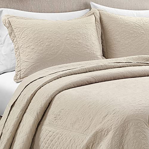  Medallion Scallop 5 Piece Bedspread Set, Queen, Neutral