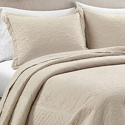  Medallion Scallop 5 Piece Bedspread Set, Queen, Neutral