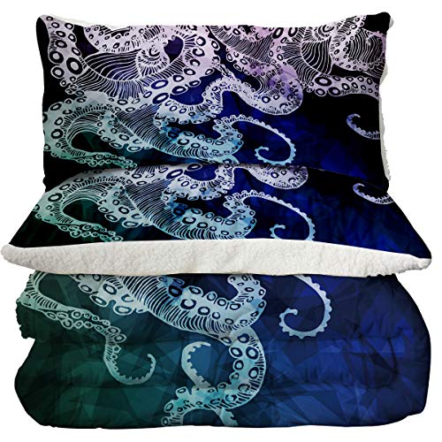  ARIGHTEX Ultra-Soft Micromink Sherpa Comforter Bed Set - 3D Lightweight, Fuzzy Duvet Blankets - Colorful, Polyester Filler Bedspreads With 2 Pillow Shams (Nautical Octopus, Queen)