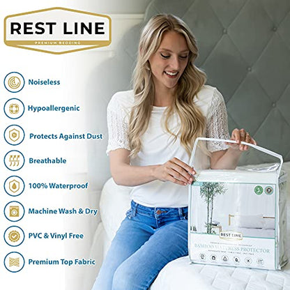  Est LINE Bamboo Jacquard Water Proof Mattress Protector (Queen), Cooling Technology 100% Bamboo,Hypoallergenic, Breathable And 100% Waterproof, Stretches Up To 18 Inches, 60X80 Soft Fitted Cover