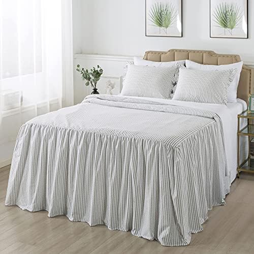  4 Pieces Ruffle Skirt Bedspread Queen With 30 Inches Drop Ruffled Style Coverlet Bedspread With 2 Shams And 1 Area Rug - Shrinkage And Fade Resistant Shabby Chic Bedding Quilt Set, Cream