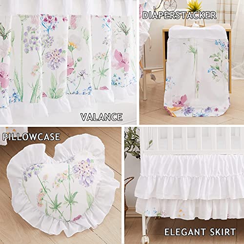  Brandream Wildflower Butterfly Crib Bedding Sets For Girls Farmhouse Baby Nursery Bedding Blanket Set Romantic Purple White, 6 Pieces