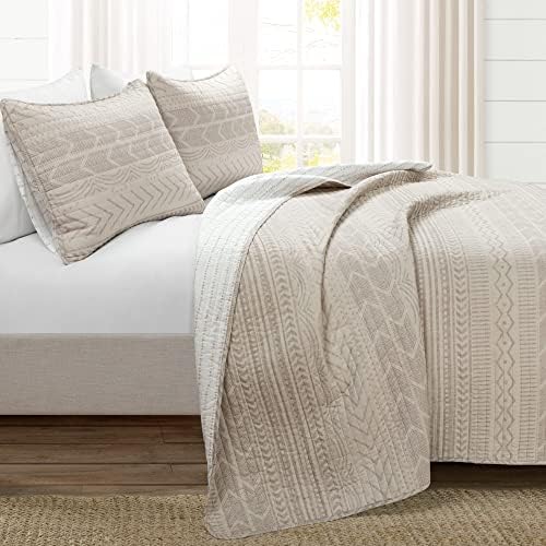  Hygge Geo Reversible 3 Piece Cotton Duvet Set, King, Gray & White