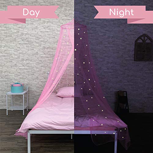  D Canopy For Girls With Glowing Stars - Princess Pink Baby Canopy For Bed, Netting Room Decor, Ceiling Tent, Canopy For Crib | Single, Twin, Full, Queen Size Kids Bed Curtains, Fire Retardant Fabric