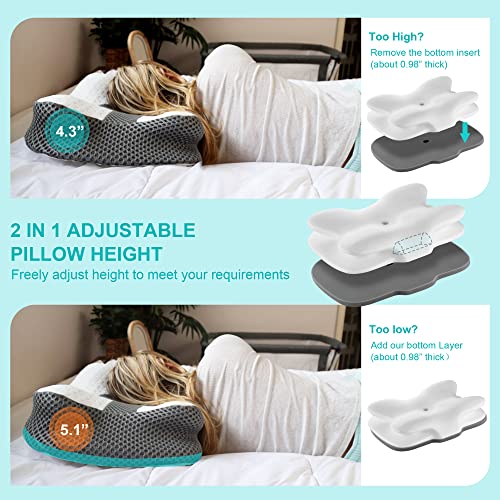  Elviros Cervical Pillow, Contour Memory Foam Pillow For Neck Pain Relief, Adjustable Orthopedic Contour Support Pillows For Sleeping, Ergonomic Bed Pillow For Side, Back, Stomach Sleepers (Dark Grey)