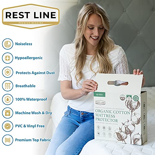  Est LINE 100% Cotton Organic Mattress Protector Queen (60x80in), Organic Cotton Mattress Cover. 100% Waterproof Mattress Protector,Cooling Mattress Cover And Hypoallergenic. Non Zippered