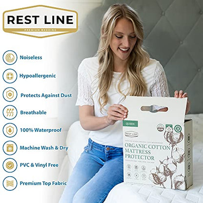  Est LINE 100% Cotton Organic Mattress Protector Queen (60x80in), Organic Cotton Mattress Cover. 100% Waterproof Mattress Protector,Cooling Mattress Cover And Hypoallergenic. Non Zippered