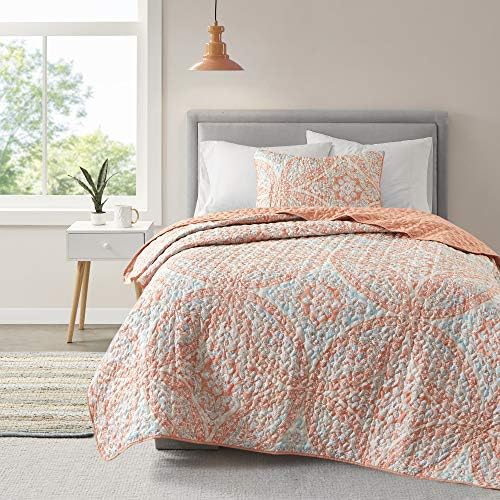  Reversible Quilt Set-Vermicelli Stitching Design All Season, Lightweight, Coverlet Bedspread Bedding, Matching Shams, Twin/Twin XL (66 In X 90 In), Gloria Damask Aqua 2 Piece