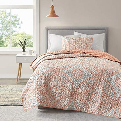  Reversible Quilt Set-Vermicelli Stitching Design All Season, Lightweight, Coverlet Bedspread Bedding, Matching Shams, Twin/Twin XL (66 In X 90 In), Gloria Damask Aqua 2 Piece