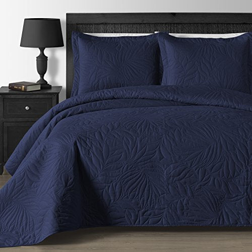  Comfy Bedding Extra Lightweight And Oversized Thermal Pressing Leafage 3-Piece Coverlet Set (Full/Queen, Navy Blue)