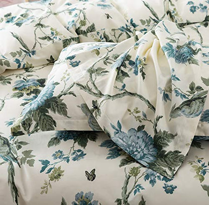  Exotic Modern Floral Print Bedding Birds Flowers Dusty Grey Design 100% Cotton Duvet Cover 3pc Set Hibiscus Blossom Branches In Muted Gray Blue (King, Egret White)