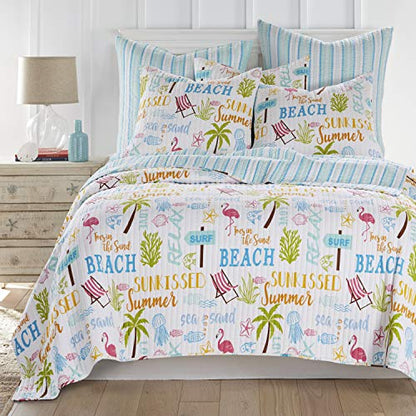  Homthreads By Levtex Home - Beach Days Quilt Set - Queen Quilt (88x92in.) + Two Standard Pillow Shams (26x20in.) - Coastal Beach - Teal Blue Yellow Green Brown Pink - Reversible - Cotton Fabric