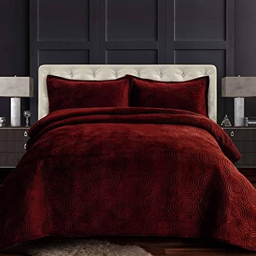  Tribeca Living Oversized Velvet Quilt, Three Piece Queen Bed Set, 260GSM Soft Velvet Quilted Set Includes One Quilt & Two Sham Pillowcases, Capri Emerald Green