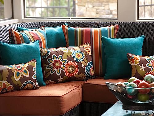  Pillow Perfect Reversible Floral Stripe Outdoor Throw Accent Pillow, Plush Fill, Weather, And Fade Resistant, Large Square - 18.5" X 18.5", Brown/Orange Annie, 2 Count