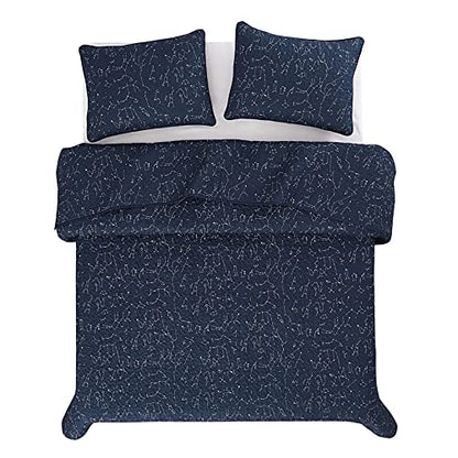  - Constellation Quilt Set, Navy Blue With White Space Stars Pattern Printed, Soft Microfiber Bedspread Coverlet Bedding (3pcs, Queen Size)