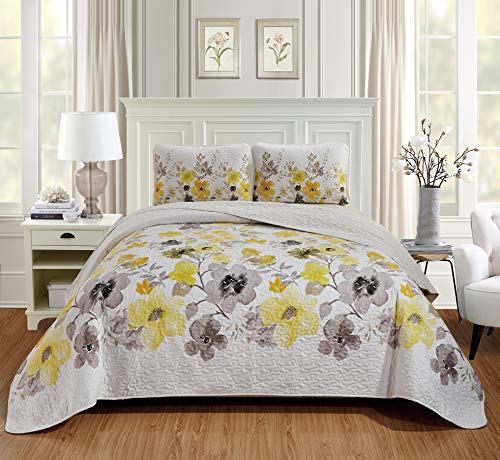  3 Piece Luxury Lush Soft Floral Flowers Coverlet Bedspread Oversized Bed Cover Set # Lily (King/Cal-King, Yellow)
