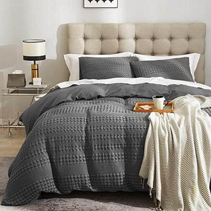  Waffle Weave Duvet Cover Set 100% Cotton Duvet Cover Queen Textured Khaki Duvet Cover Cozy Soft Breathable Queen Duvet Cover Skin-Friendly Luxury Comforter Cover Bedding Set All Season 90"x90"
