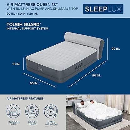  Queen Air Mattress With Headboard | Supersoft Snugable Top, Extra Durable Tough Guard | Raised Airbed With Built In Pump + USB Charger (90"x60"x29") Grey