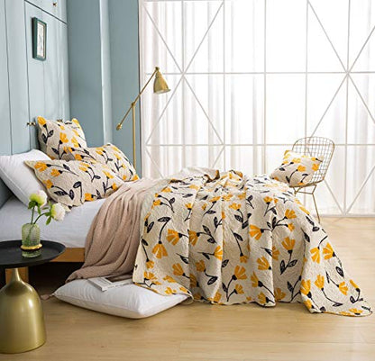  DaDa Bedding Botanical Floral Bedspread Quilt - Yellow Fleur Golden Yellow Spring Time Tulips Quilted Coverlet Set - Scalloped Edges Bright Vibrant Ivory Cream - King Size - 3-Pieces