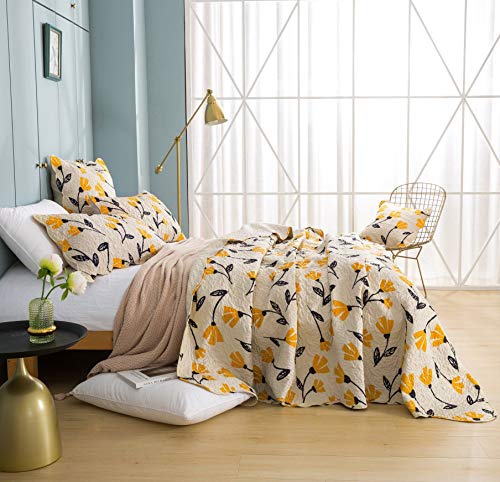  DaDa Bedding Botanical Floral Bedspread Quilt - Yellow Fleur Golden Yellow Spring Time Tulips Quilted Coverlet Set - Scalloped Edges Bright Vibrant Ivory Cream - King Size - 3-Pieces