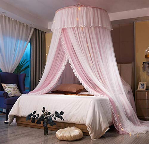  Mengersi Bed Canopy For Girls With Lights,Canopy Bed Curtains Bed Drapes-Double Layer Mesh Sheer Bed Netting Use To Cover, Round Lace Princess Mosquito Net Tent,Princess Bedroom Decor