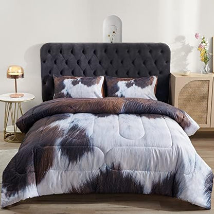  PERFEMET Cow Print Comforter Set Queen Size, Highland Cowhide Rustic Farmhouse Bedding Set, Western Farm Animal Fur Pattern Cowboy Duvet Set, (Brown White)