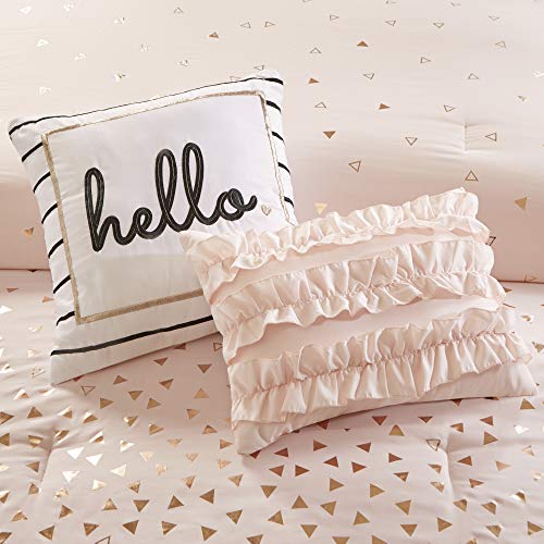  Intelligent Design Zoey Triangle Metallic Print, Cozy Comforter Set All Season Bedding Set, Matching Sham, Decorative Pillow, Twin/Twin XL, Blush/Rosegold 4 Piece
