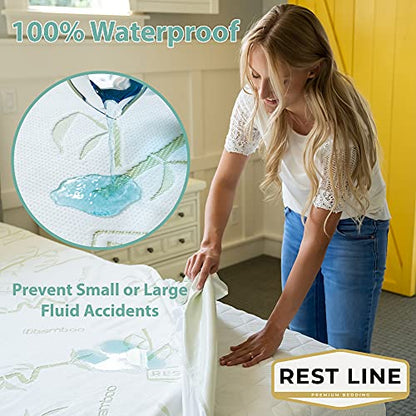 Est LINE Bamboo Jacquard Water Proof Mattress Protector (Queen), Cooling Technology 100% Bamboo,Hypoallergenic, Breathable And 100% Waterproof, Stretches Up To 18 Inches, 60X80 Soft Fitted Cover