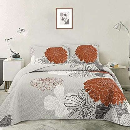  Floral Pattern Quilt Set Queen Burnt Orange Bedspread 3 Pieces Coverlet Soft Lightweight Bed Cover With 2 Pillow Shams For All Season 90"x96"
