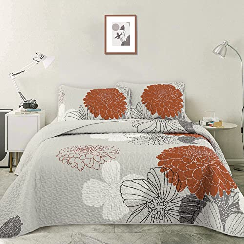  Floral Pattern Quilt Set Queen Burnt Orange Bedspread 3 Pieces Coverlet Soft Lightweight Bed Cover With 2 Pillow Shams For All Season 90"x96"