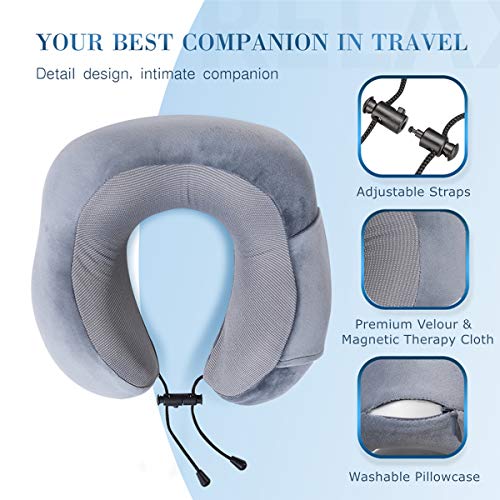  ENOTHEN Travel Pillow 100% Pure Memory Foam Neck Pillow With Machine Washable Cover, Airplane Travel Kit With 3D Contoured Eye Masks, Earplugs & Reusable Bag (Grey)