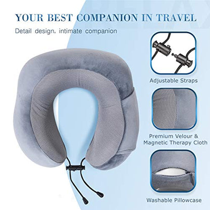  ENOTHEN Travel Pillow 100% Pure Memory Foam Neck Pillow With Machine Washable Cover, Airplane Travel Kit With 3D Contoured Eye Masks, Earplugs & Reusable Bag (Grey)