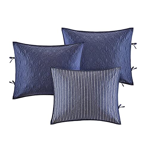  Solid Navy Blue White Striped 6 Piece Pc Twin Daybed Set Quilted Cover Bedding