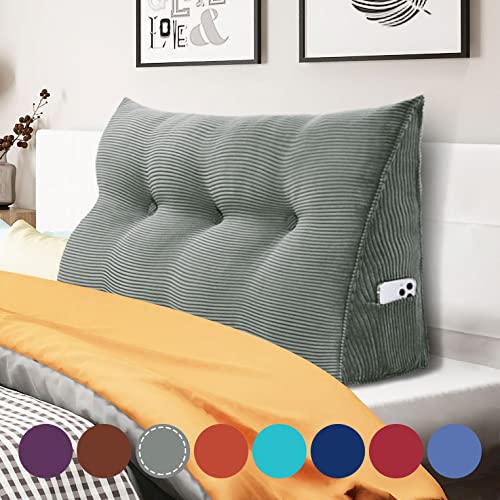  WOWMAX Large Bolster Triangular Headboard Pillow Twin Dorm Headboard Twin XL Bed Wedge Pillow For Headboard Bolster Pillow For Bed With Removable Cover, Corduroy Grey