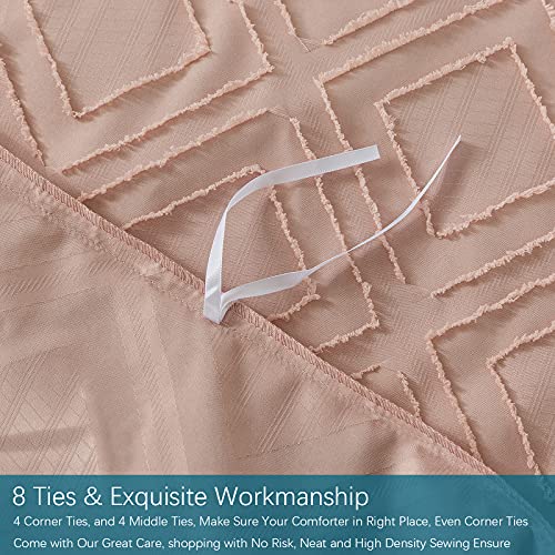  Jacquard & Tufted Pink Duvet Cover Queen Size Bedding Set, Soft, All Seasons, With Double-end Sliders Zipper Closure, 8 Ties, 3 Pieces (2 Pillowcase, 1 Duvet Cover), Q Pink