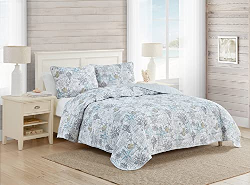  Tommy Bahama - King Quilt Set, Reversible Cotton Bedding With Matching Shams, Lightweight Home Decor For All Seasons (Beach Bliss Grey, King)