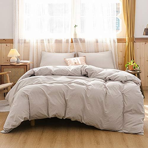  3 Pieces Duvet Cover Set Queen 100% Washed Cotton 1 Duvet Cover With Zipper And 2 Pillowcases, Ultra Soft And Easy Care Breathable Cozy Simple Style Bedding Set (Avocado Green)
