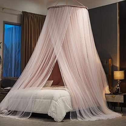  Luxurious Bed Canopy For Girls & Adults, Large Elegant Double Layer Bed Curtain Canopy Drapes, Round Dome Lace Princess Canopies Netting (Pink)