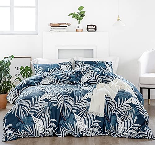  YuHeGuoJi White Floral Duvet Cover King 100% Cotton Black Flower Duvet Cover 3 Pcs Set 1 Plant Blossom Patterned Duvet Cover With Zipper Ties 2 Pillowcases Farmhouse Cartoon Botanical Bedding Set