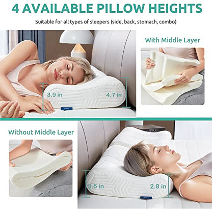  Sandwich Memory Foam Pillows Queen Size, Ergonomic Contour Cervical Pillow For Side Back Stomach Sleeper, Orthopedic Pillow For Neck Pain Relief, RUCO-BAC Cover
