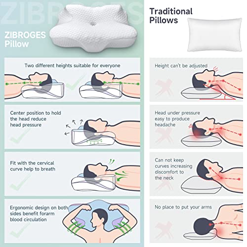  Zibroges Cervical Pillow, Memory Foam Pillow For Neck Head Shoulder Pain Relief Sleeping Supports Your Head, Ergonomic Orthopedic Contoured Cooling Neck Bed Pillow For Side, Back And Stomach Sleepers