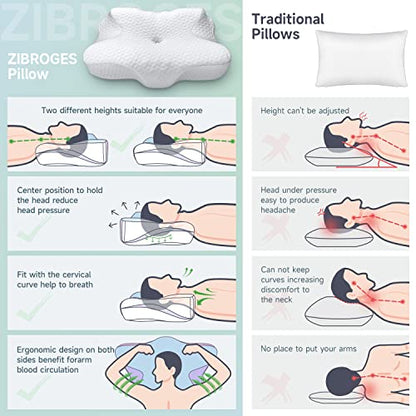  Zibroges Cervical Pillow, Memory Foam Pillow For Neck Head Shoulder Pain Relief Sleeping Supports Your Head, Ergonomic Orthopedic Contoured Cooling Neck Bed Pillow For Side, Back And Stomach Sleepers