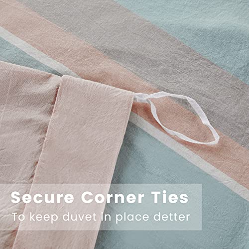 Duvet Cover Queen Size 3 Pcs Set, 100% Washed Cotton Mix Color Stripe Luxury Breathable Soft Bedding Comforter Covers, With Buttons Closure, 1 Queen Duvet Cover 90x90 Inches And 2 Pillow Cases